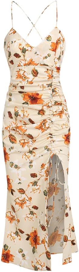 ZAFUL Women's Silky Pleated Draped Bustier Corset-Style Deep V Neck Midi Dress