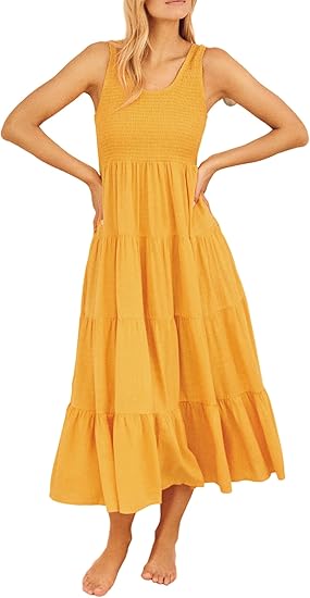 R.Vivimos Women's Summer Sleeveless Tank Dress Boho Casual Smocked Backless Tiered Ruffle Flowy Midi Dress