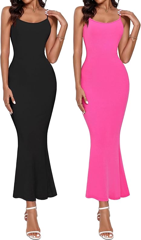 2 Pack Women's Slip Maxi Dress Lounge Elegant Slip Dress Summer Ribbed Bodycon Long Dress