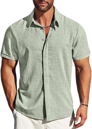 Men's Linen Shirts Short Sleeve Button Down Casual Shirt Business Dress Clothing Beach Fashion Summer Top